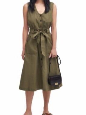 Barbour Olive Green Button-Front Tie-Waist Linen Midi Dress